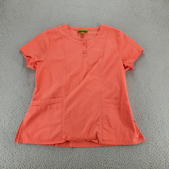 Crocs Shirt Womens Large Pink Scrub‎ Top Pockets Medical Apparel Button Logo - Picture 1 of 14